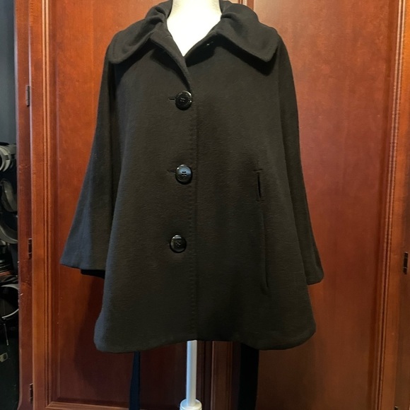 Ellen Tracy Black Wool Button Cape Belted Jacket Coat - Picture 4 of 13